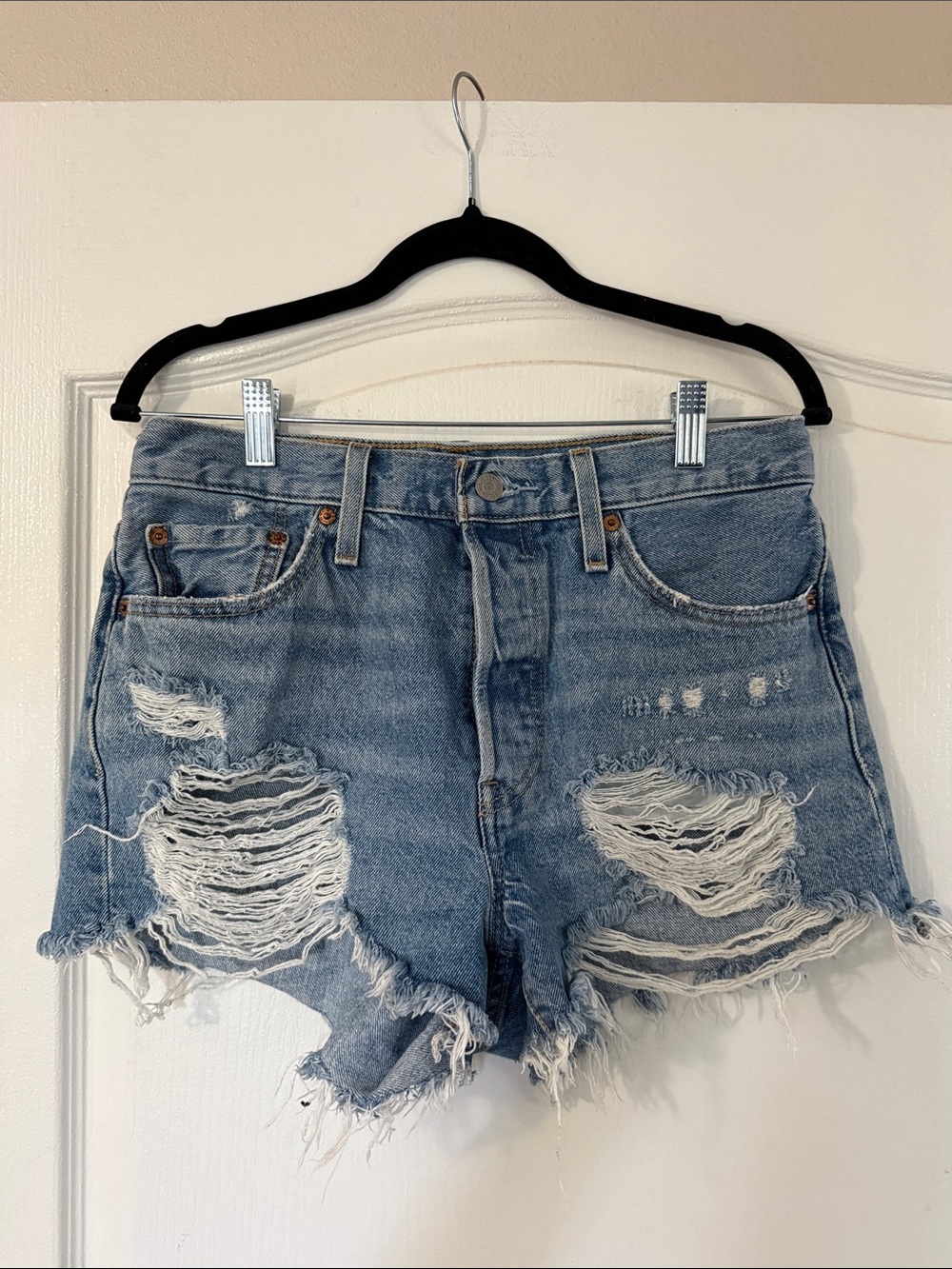 Levi's Distressed High-Rise Denim Shorts - Light Blue